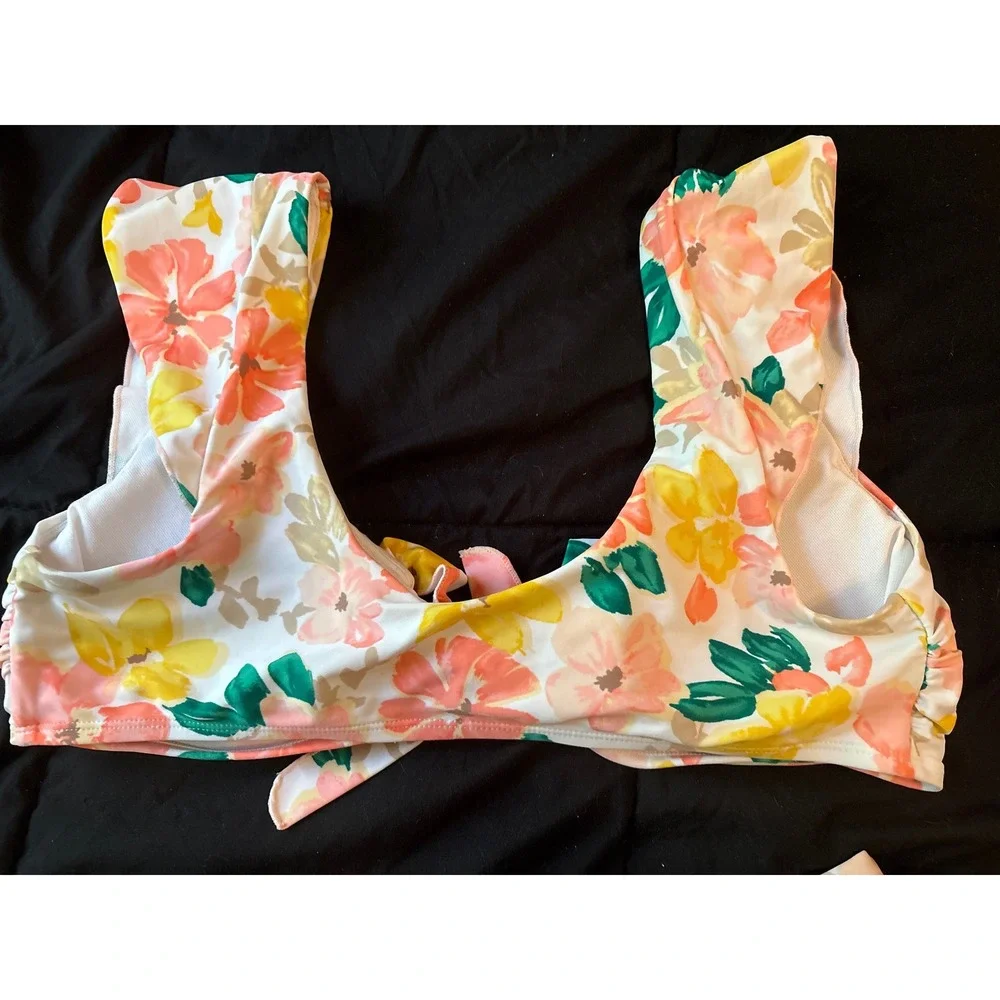 Time & Tru Peach Floral Cap Sleeve Hi Waisted‎ 2pc Swimsuit Bikini, Large